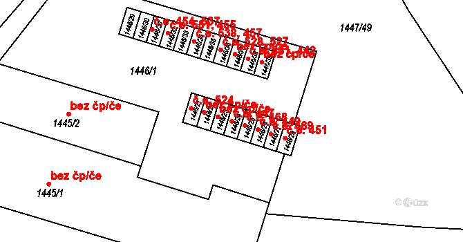 Židlochovice 447 na parcele st. 1446/24 v KÚ Židlochovice, Katastrální mapa