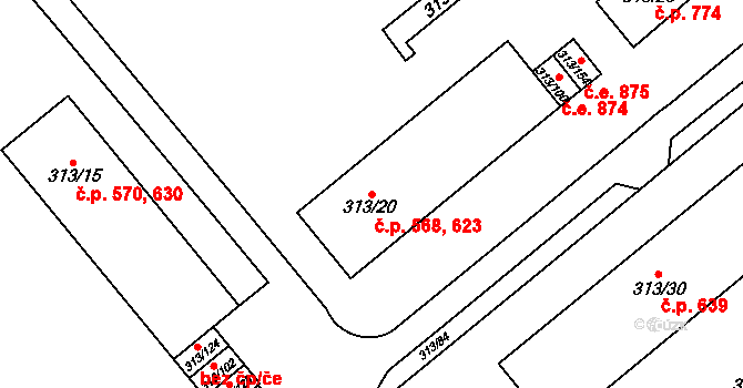 Vyškov-Předměstí 568,623, Vyškov na parcele st. 313/20 v KÚ Vyškov, Katastrální mapa