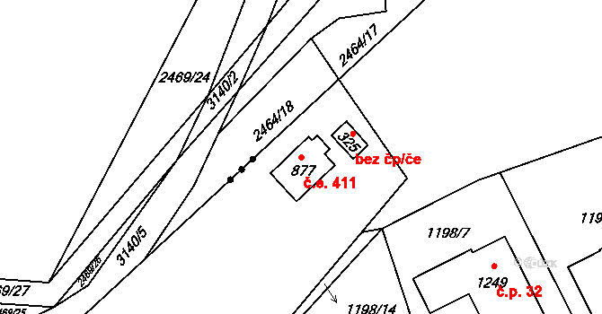 Borová Lhota 411, Pyšely na parcele st. 877 v KÚ Pyšely, Katastrální mapa