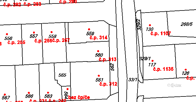 Švermov 313, Kladno na parcele st. 560 v KÚ Motyčín, Katastrální mapa
