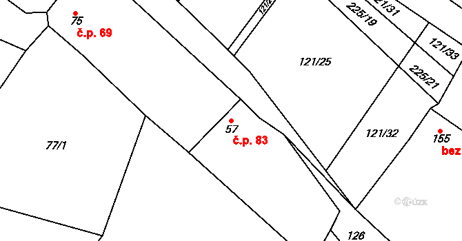 Běchary 83 na parcele st. 57 v KÚ Běchary, Katastrální mapa
