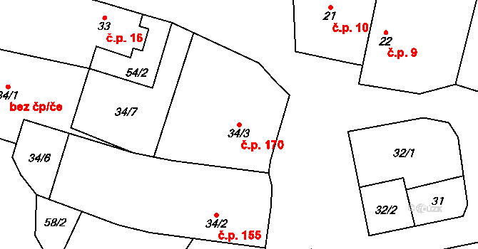 Mšené-lázně 170 na parcele st. 34/3 v KÚ Mšené-lázně, Katastrální mapa