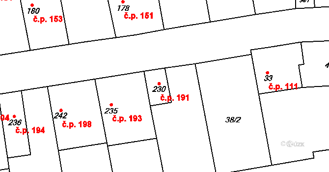 Dymokury 191 na parcele st. 230 v KÚ Dymokury, Katastrální mapa
