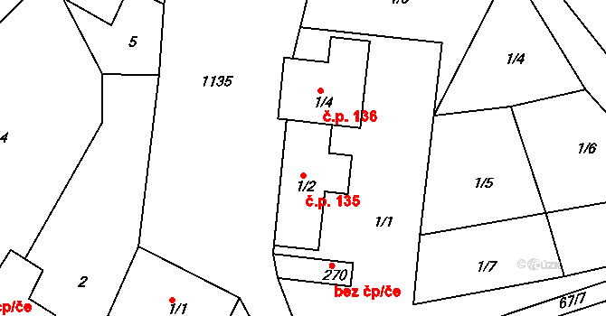 Bzí 135, Železný Brod na parcele st. 1/2 v KÚ Bzí u Železného Brodu, Katastrální mapa