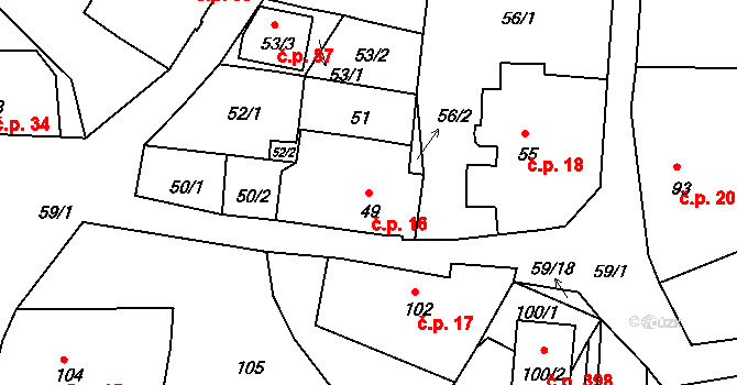 Adamov 16 na parcele st. 49 v KÚ Adamov u Českých Budějovic, Katastrální mapa