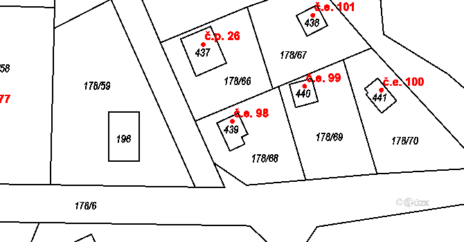 Lhotka 98, Svinaře na parcele st. 439 v KÚ Svinaře, Katastrální mapa