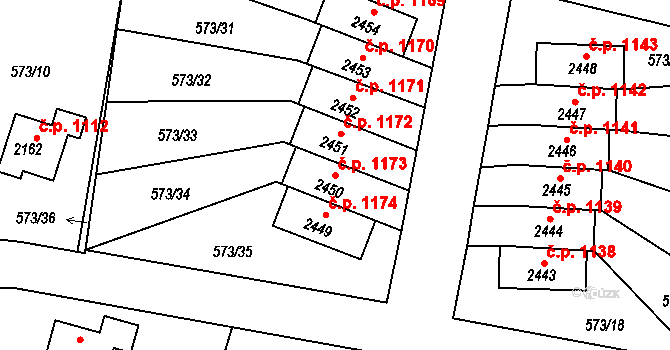 Vrchlabí 1173 na parcele st. 2450 v KÚ Vrchlabí, Katastrální mapa