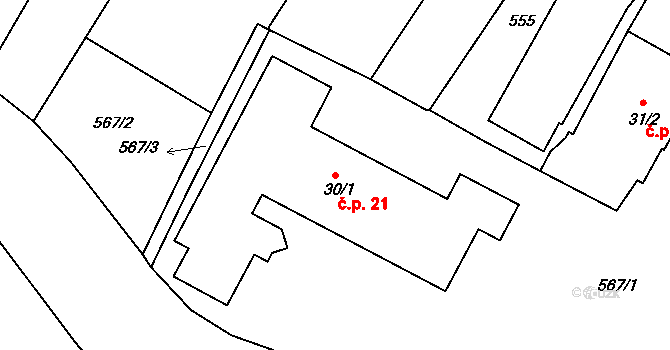 Sezimovo Ústí 21 na parcele st. 30/1 v KÚ Sezimovo Ústí, Katastrální mapa