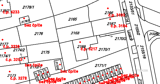 Chomutov 3217 na parcele st. 2169 v KÚ Chomutov II, Katastrální mapa
