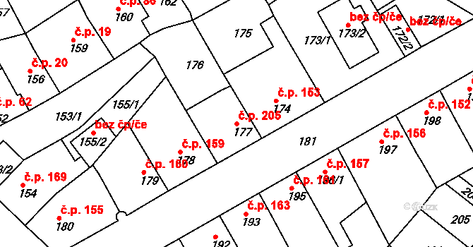 Újezdské Předměstí 205, Bílina na parcele st. 177 v KÚ Bílina-Újezd, Katastrální mapa