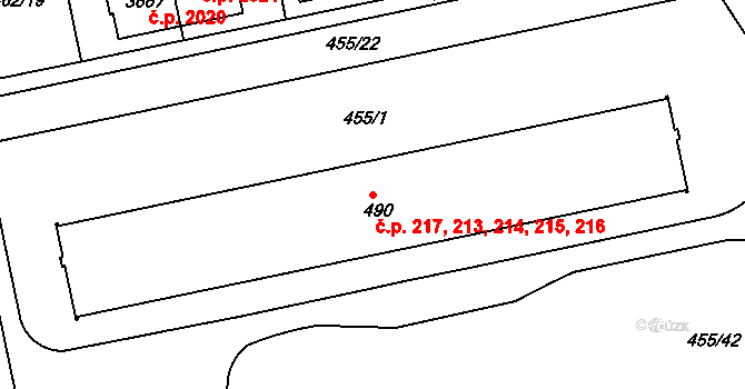 Třebeš 213,214,215,216,217, Hradec Králové na parcele st. 490 v KÚ Třebeš, Katastrální mapa
