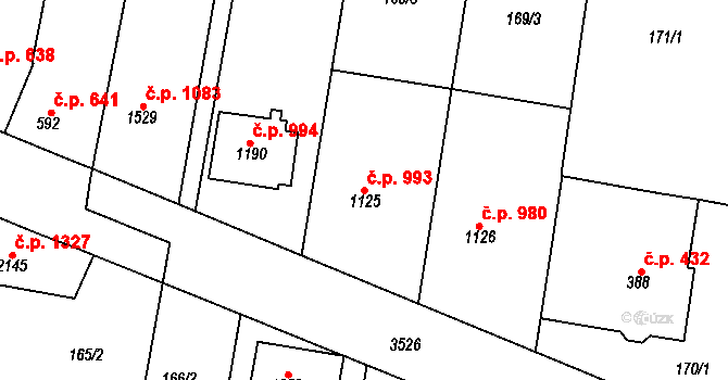 Rosice 993 na parcele st. 1125 v KÚ Rosice u Brna, Katastrální mapa