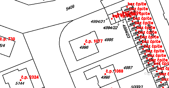 Východní Předměstí 1077, Plzeň na parcele st. 4996 v KÚ Plzeň, Katastrální mapa