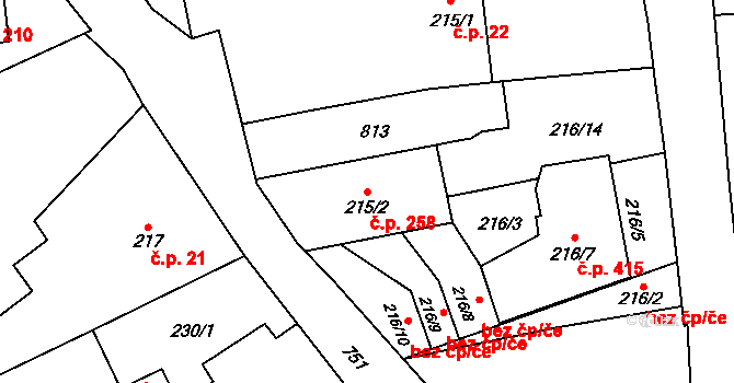 Červený Hrádek 258, Plzeň na parcele st. 215/2 v KÚ Červený Hrádek u Plzně, Katastrální mapa