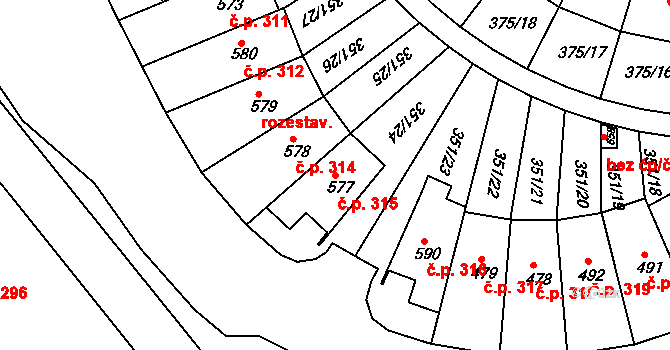 Týn 315, Třebíč na parcele st. 577 v KÚ Týn u Třebíče, Katastrální mapa