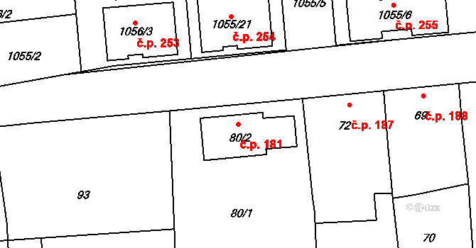 Jevišovka 181 na parcele st. 80/2 v KÚ Jevišovka, Katastrální mapa