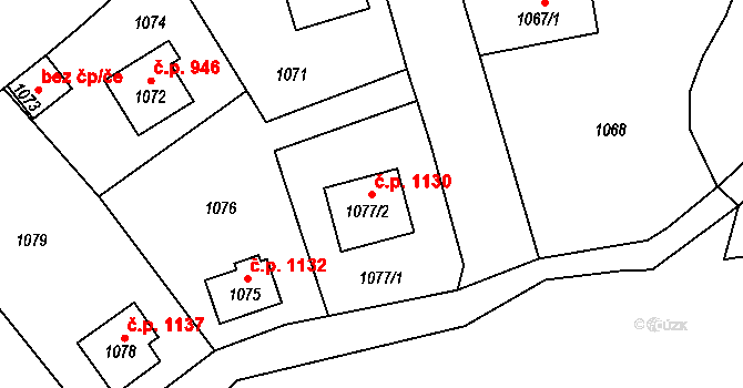 Řevnice 1130 na parcele st. 1077/2 v KÚ Řevnice, Katastrální mapa