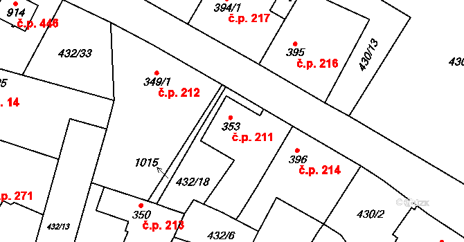Velká Hleďsebe 211 na parcele st. 353 v KÚ Velká Hleďsebe, Katastrální mapa