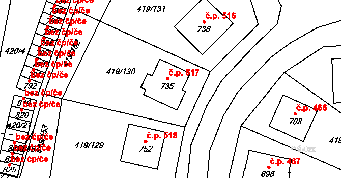 Štítná nad Vláří 517, Štítná nad Vláří-Popov na parcele st. 735 v KÚ Štítná nad Vláří, Katastrální mapa