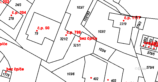 Třebíč 41587707 na parcele st. 321/1 v KÚ Podklášteří, Katastrální mapa