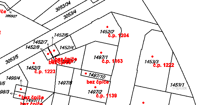 Předměstí 1163, Opava na parcele st. 1497/1 v KÚ Opava-Předměstí, Katastrální mapa