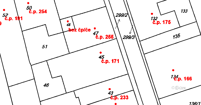 Hrušky 171 na parcele st. 45 v KÚ Hrušky u Brna, Katastrální mapa