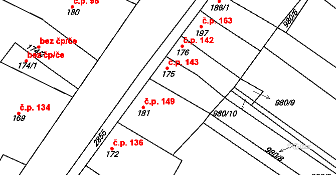 Drysice 143 na parcele st. 175 v KÚ Drysice, Katastrální mapa
