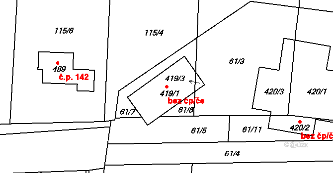 Vrábče 49659707 na parcele st. 419/1 v KÚ Vrábče, Katastrální mapa