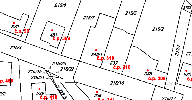 Byšice 318 na parcele st. 346/1 v KÚ Byšice, Katastrální mapa