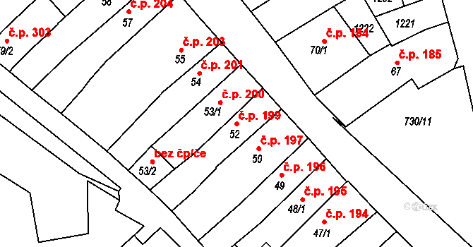 Broumov 199 na parcele st. 52 v KÚ Broumov, Katastrální mapa