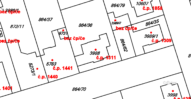 Bílé Předměstí 1311, Pardubice na parcele st. 3988 v KÚ Pardubice, Katastrální mapa
