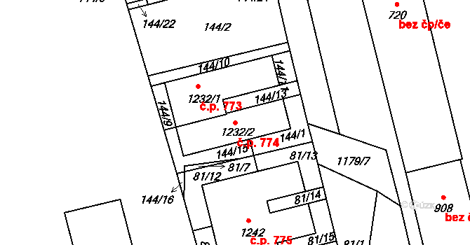Prštné 774, Zlín na parcele st. 1232/2 v KÚ Prštné, Katastrální mapa