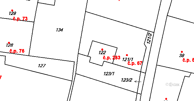 Zruč 283, Zruč-Senec na parcele st. 122 v KÚ Zruč, Katastrální mapa
