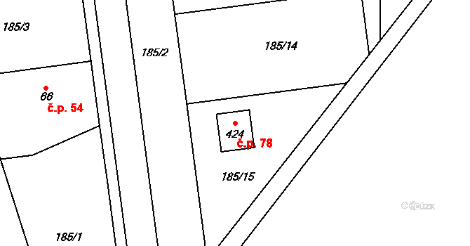 Hrádek 78, Srch na parcele st. 424 v KÚ Hrádek u Pardubic, Katastrální mapa