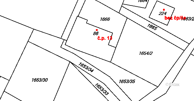Chlístov 13, Okrouhlice na parcele st. 86 v KÚ Chlístov u Okrouhlice, Katastrální mapa