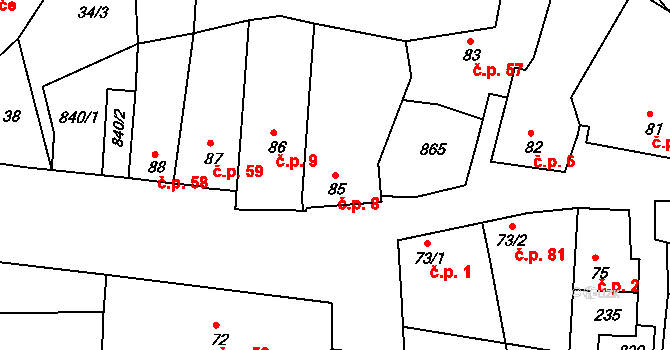 Jarohněvice 8 na parcele st. 85 v KÚ Jarohněvice, Katastrální mapa