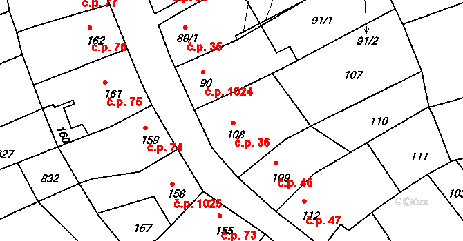 Holešov 36 na parcele st. 108 v KÚ Holešov, Katastrální mapa