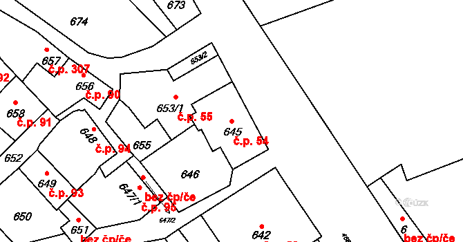 Konice 54 na parcele st. 645 v KÚ Konice, Katastrální mapa