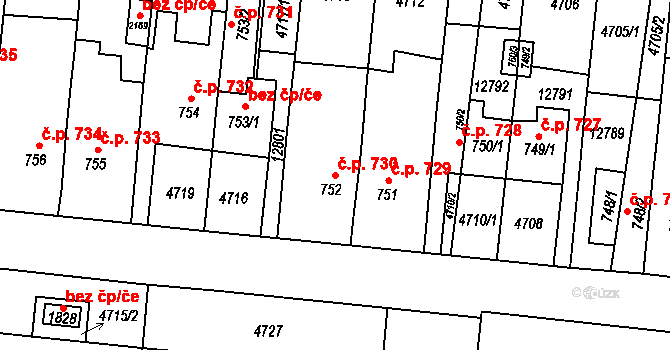 Hrušovany nad Jevišovkou 730 na parcele st. 752/1 v KÚ Hrušovany nad Jevišovkou, Katastrální mapa