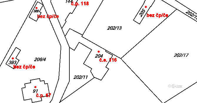 Ledečko 116 na parcele st. 204 v KÚ Ledečko, Katastrální mapa