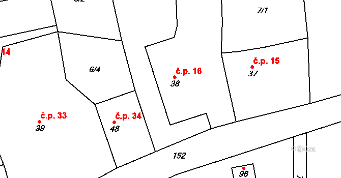 Sudějov 16 na parcele st. 38 v KÚ Sudějov, Katastrální mapa