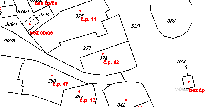 Trhové Dušníky 12 na parcele st. 378 v KÚ Trhové Dušníky, Katastrální mapa