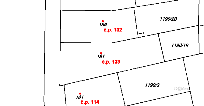Hýsly 133 na parcele st. 181 v KÚ Hýsly, Katastrální mapa