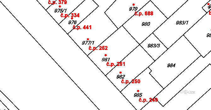 Vyškov-Předměstí 251, Vyškov na parcele st. 981 v KÚ Vyškov, Katastrální mapa