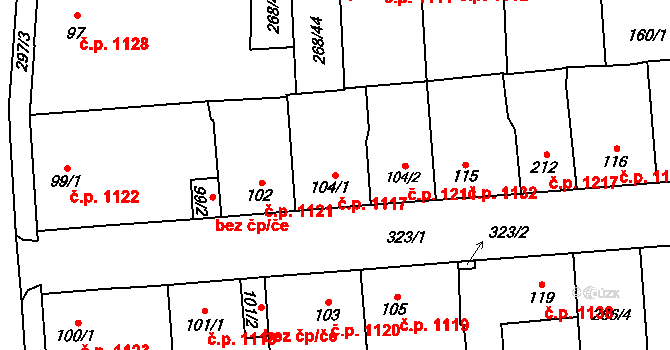 Švermov 1117, Kladno na parcele st. 104/1 v KÚ Hnidousy, Katastrální mapa
