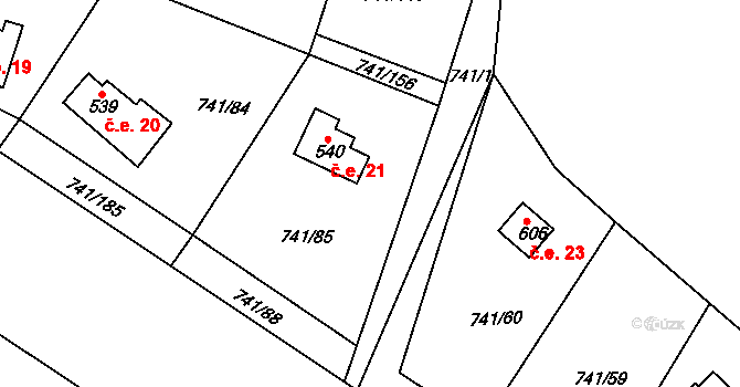 Hudlice 21 na parcele st. 540 v KÚ Hudlice, Katastrální mapa