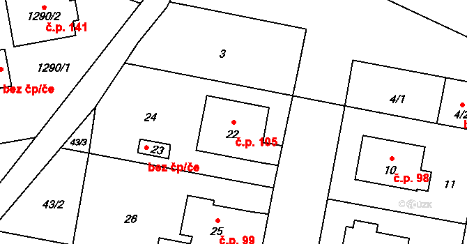 Bukovany 105 na parcele st. 22 v KÚ Bukovany u Olomouce, Katastrální mapa