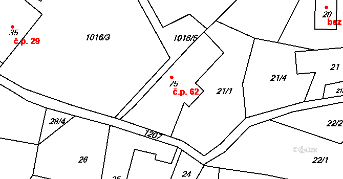 Hlinná 62 na parcele st. 75 v KÚ Hlinná, Katastrální mapa