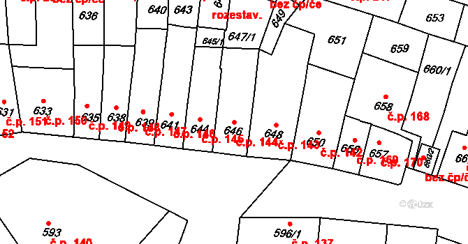 Tuřany 144, Brno na parcele st. 646 v KÚ Tuřany, Katastrální mapa