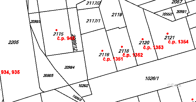 Černá Pole 1351, Brno na parcele st. 2116 v KÚ Černá Pole, Katastrální mapa